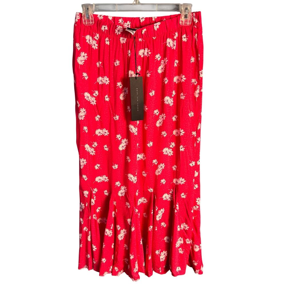 Know One Cares Red Floral Midi Skirt Pleated Hem Size M NWT